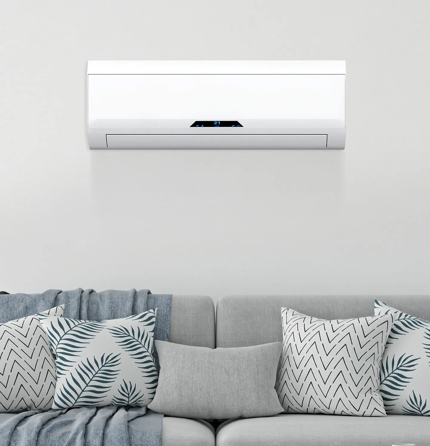 Wall air-conditioner above a sofa in a living room