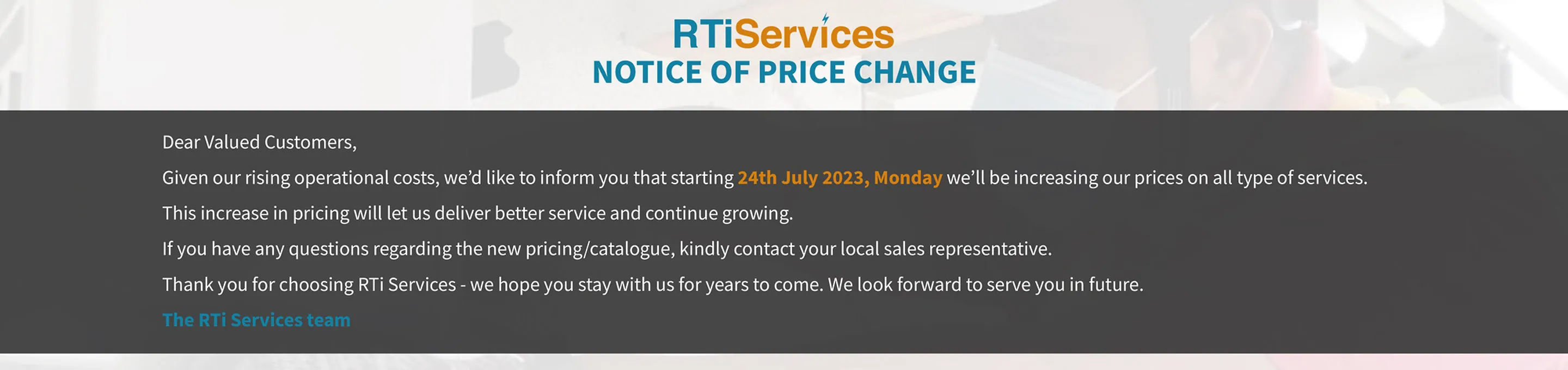 RTi Services notice of price change