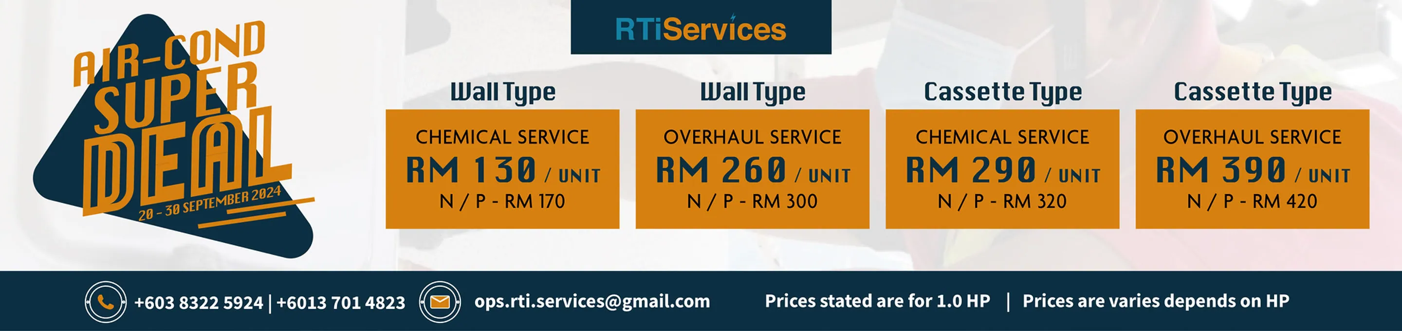 RTi Services special deals banner listing air-conditioner cleaning prices